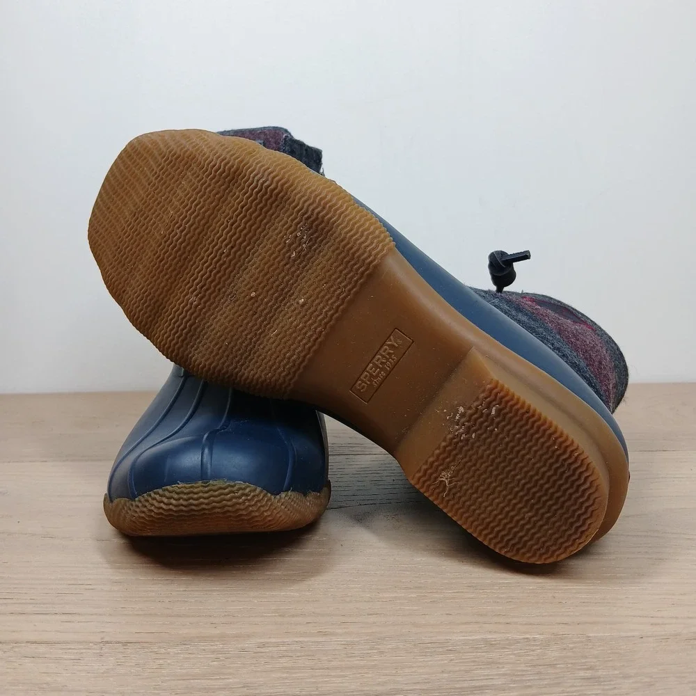 Sperry Saltwater Duck Boots Womens 7 Navy Blue Grey Burgundy Striped Wool Chore
